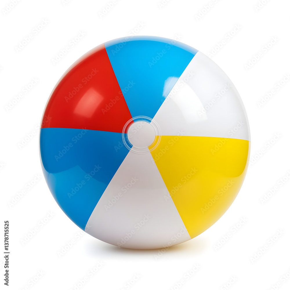 Fototapeta premium Colorful Inflatable Beach Ball – Red, Blue, White, and Yellow Segments in High-Contrast Photography