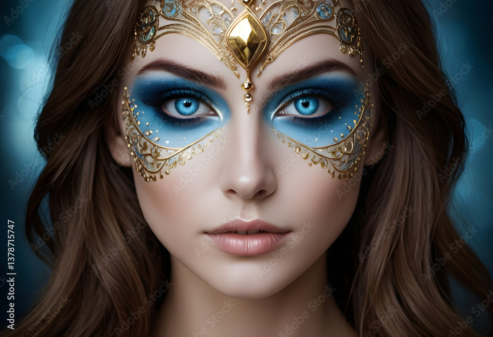 Female face with blue eyes with gold patterns and blue artistic makeup. Fantasy style, magical image, mysterious look Female face with blue eyes with gold patterns and blue artistic makeup. Fantasy style, magical image, mysterious look