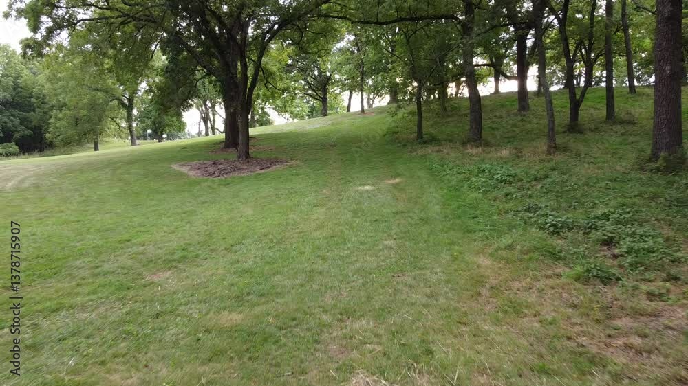 Disc Golf Drone Footage, discgolf basket, frisbee sport hobby, beautiful green trees at the park