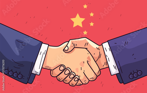 Handshake trade agreement concept two hands shaking against a red background with stars representing international cooperation business deal