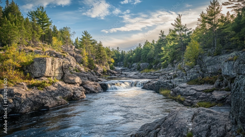 Obraz premium Scenic river flowing through rocky terrain with lush green forest landscape