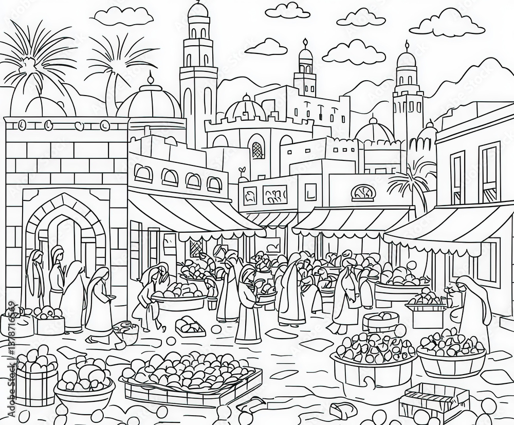 Fototapeta premium A market scene bustling with Ramadan shoppers, coloring page for kids, simple outline illustration. Coloring book.