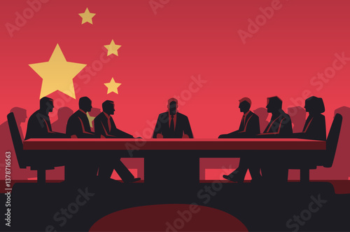 Trade war negotiation silhouettes at table. Businesspeople seated against red background with large stars symbolizing conflict. Dark shadows prominent
