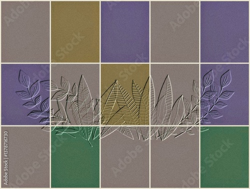 The picture shows a picture of twelve channels in green, brown, grey, blue, purple and The cream color is a picture of gray leaves in a frame used as an illustration in various artworks.
