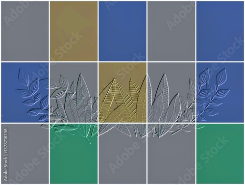 The picture shows a picture of twelve channels in green, brown, grey, blue, purple and The cream color is a picture of gray leaves in a frame used as an illustration in various artworks.
