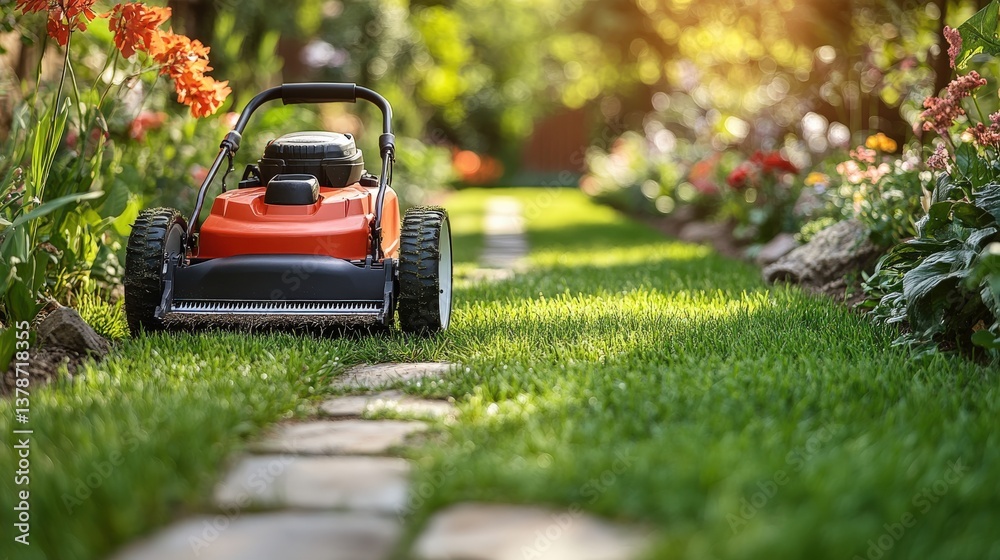 Lawn mower on a well-maintained garden path surrounded by vibrant flowers in the sunlight Lawn mower on a well-maintained garden path surrounded by vibrant flowers in the sunlight