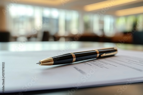 Formal document awaiting signature.  A black pen lies atop a white document.  Blurred background suggests a business setting