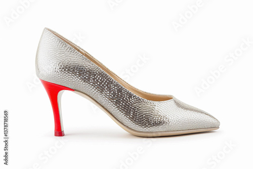 Stylish metallic high heel shoe with red accent ideal for evening wear and formal events