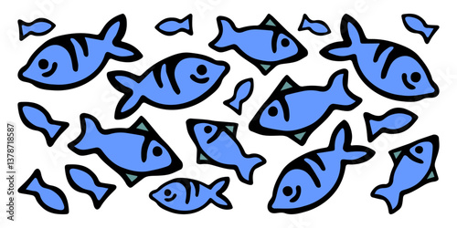 Vector horizontal banner, with fish of different sizes, on a white isolated background