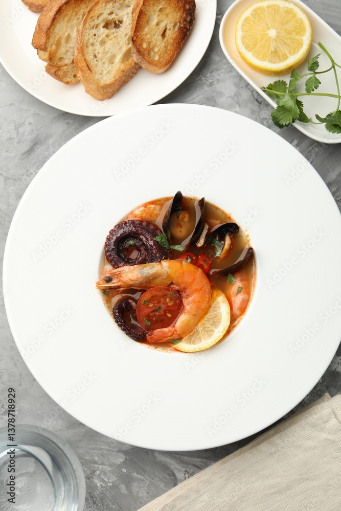 Delicious seafood soup in bowl, pieces of bread, lemon and parsley on gray textured table, flat lay Delicious seafood soup in bowl, pieces of bread, lemon and parsley on gray textured table, flat lay