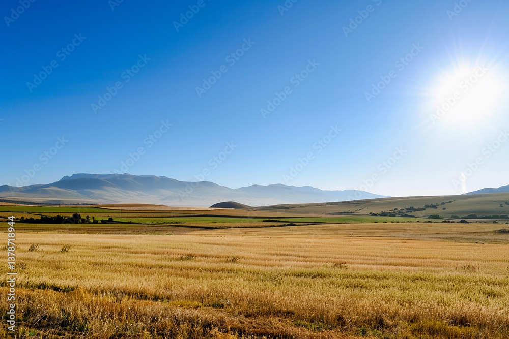 Expansive golden fields under a clear blue sky with distant mountains at midday in a tranquil countryside Expansive golden fields under a clear blue sky with distant mountains at midday in a tranquil countryside