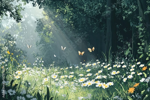 Forest glade with lots of white spring flowers and butterflies on a sunny day