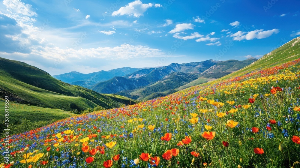 Scenic mountain vista adorned with vibrant wildflowers under a summer sky Scenic mountain vista adorned with vibrant wildflowers under a summer sky