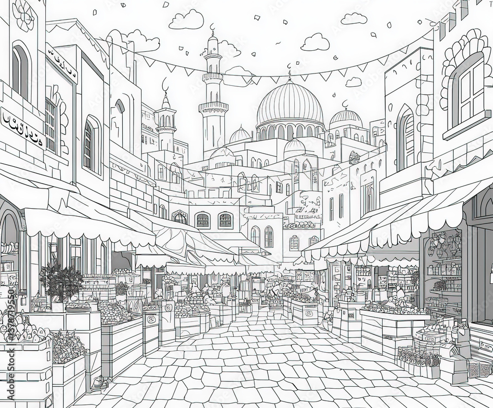Fototapeta premium A vibrant marketplace preparing for Eid celebrations, coloring page for kids, simple outline illustration. Coloring book.
