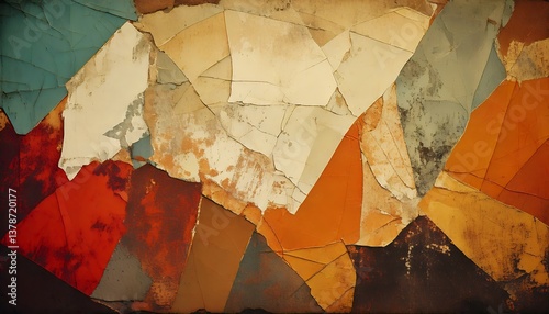 Abstract art Warm earthy tones textured layers of paint cracked and fragmented creating a sense of