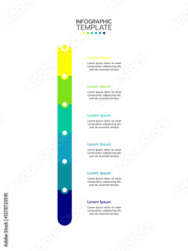 6 Circular elements placed in vertical row. Concept of 6 successive steps of project development process. Flat infographic design template. Simple vector illustration for business analytics.