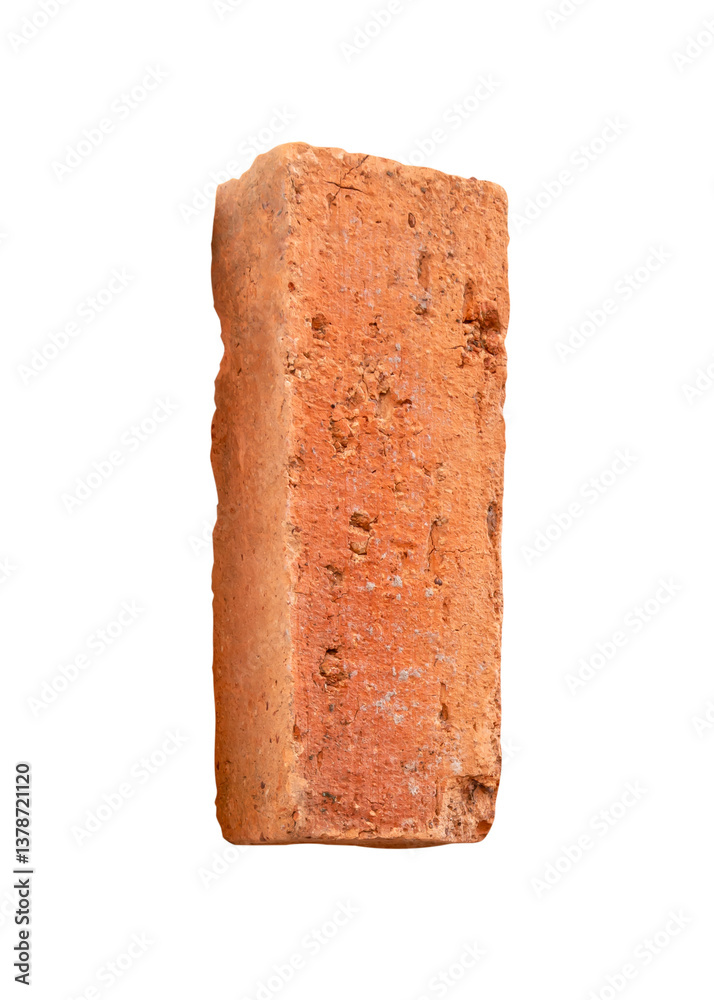 Side view of single cracked old red or orange brick isolated with clipping path in png file format Side view of single cracked old red or orange brick isolated with clipping path in png file format