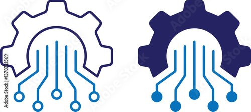 Tech gear, circuit board pattern, blue and white color scheme, mechanical cog, digital connections, minimalist design, tech industry logo, artificial intelligence concept, data flow