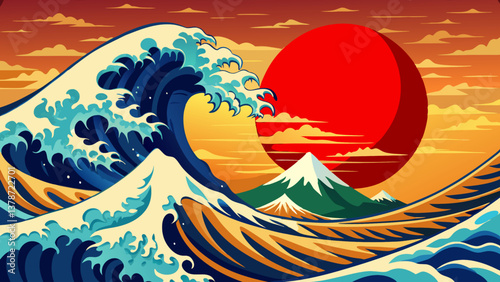 Sunset on the sea with waves and mountains. Vector illustration.