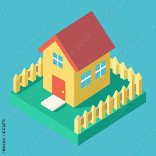 Isometric house with fence on blue background. Flat design vector illustration.