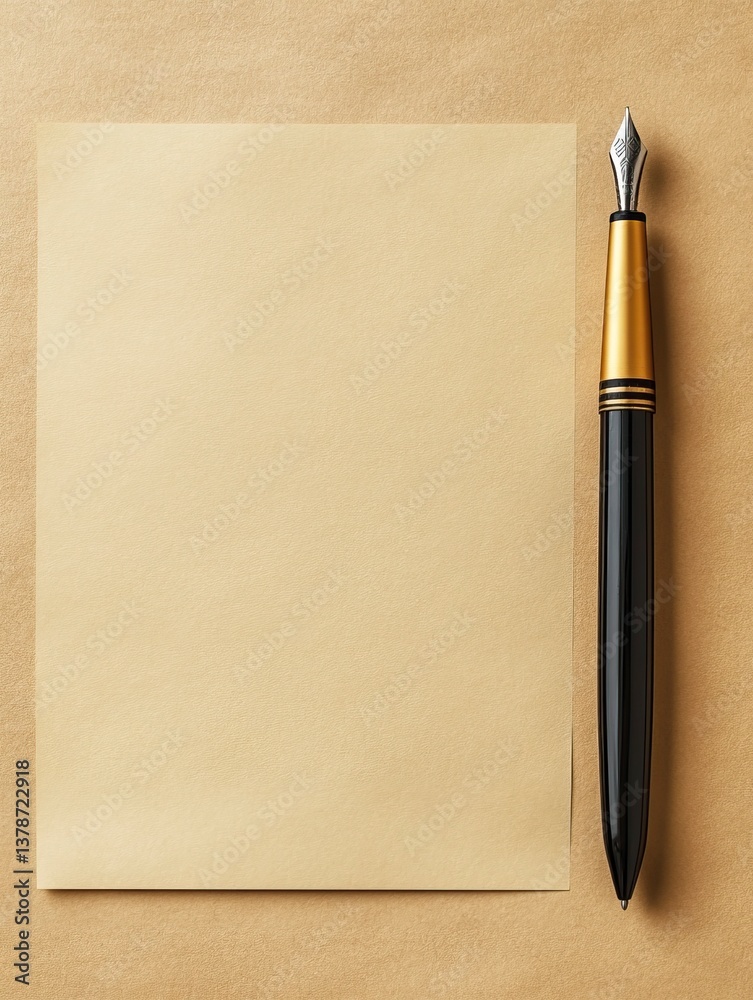 Elegant Fountain Pen and Blank Paper Invitation Mockup on Beige Background Elegant Fountain Pen and Blank Paper Invitation Mockup on Beige Background