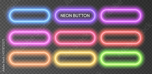 Action button neon rectangle. 3d glow game box in green, blue, red frame line. Round rectangle show casino led banner sign futuristic. Pink purple modern digital interface background vector.
