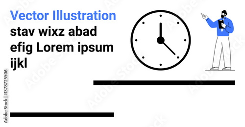 Businessman pointing at text near a clock with bold headlines. Ideal for time management, productivity, teamwork, scheduling, organization, business presentations, simple landing page