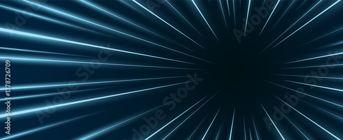 Futuristic motion streaks. Bright radial speed lines glow as they explode from center right, forming a hyperspace travel effect. Ideal for action, sci fi, energy bursts or racing themes.
