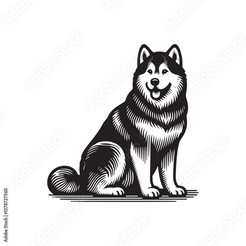 Simple Alaskan Malamute Sitting Vector Icon – Vintage Logo & Retro Illustration