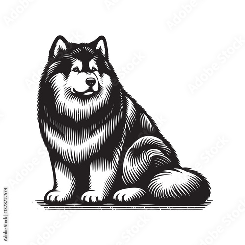 Simple Alaskan Malamute Sitting Vector Icon – Vintage Logo & Retro Illustration