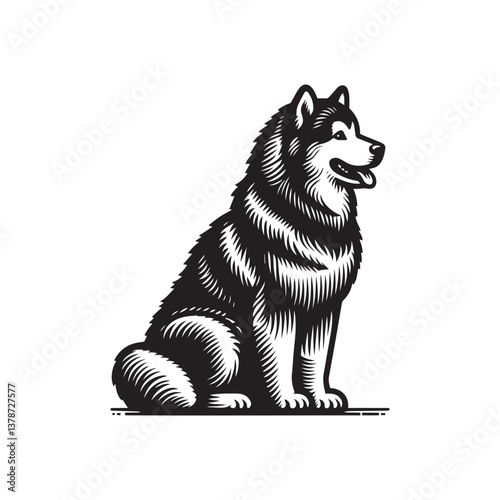 Simple Alaskan Malamute Sitting Vector Icon – Vintage Logo & Retro Illustration