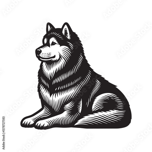 Simple Alaskan Malamute Sitting Vector Icon – Vintage Logo & Retro Illustration