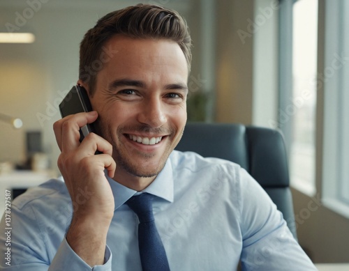 a smiling man using a mobile phone while being at the office