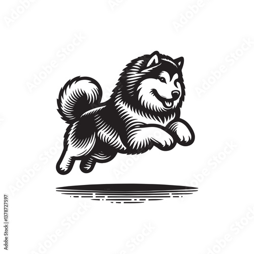 Simple Alaskan Malamute Jumping Vector Icon – Vintage Logo & Retro Illustration