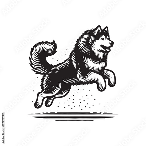 Simple Alaskan Malamute Jumping Vector Icon – Vintage Logo & Retro Illustration