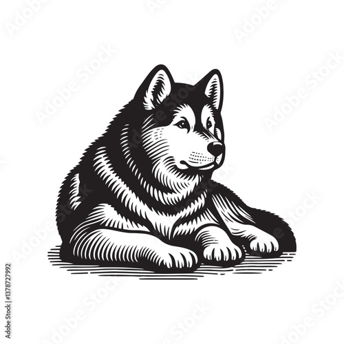 Simple Alaskan Malamute Lying Down Vector Icon – Vintage Logo & Retro Illustration