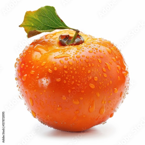 Shiny water droplets cling to the surface of a persimmon, offering a burst of color on a light backdrop. photo