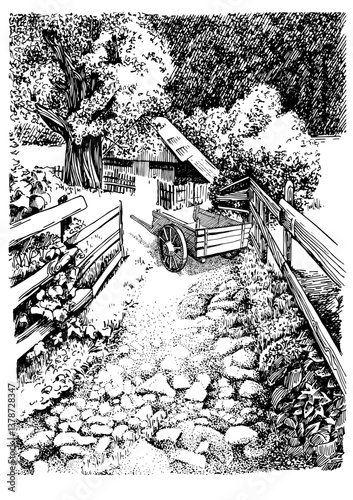 Rural landscape, panorama of rural pastures. Vector hand drawn vintage engraved sketch.