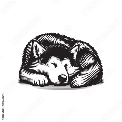 Simple Alaskan Malamute Sleeping Vector Icon – Vintage Logo & Retro Illustration