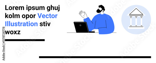 Man in blue shirt waves near a laptop, with a government building icon symbolizing structure. Ideal for business, education, finance, governance, law, technology, simple landing page