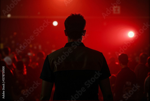 Silhouette of a Man Standing in a Crowd with Vibrant Red Lighting