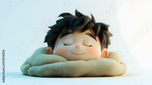 Illustration of a Sleeping Boy Character Wrapped in a Pillow on White Background Rendered in 3D with Soft Lighting