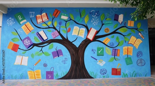 Mural of book tree on school wall