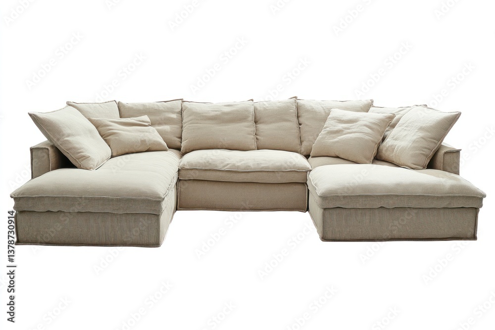 Fototapeta premium Large sectional sofa in light beige fabric, spacious and inviting, isolated.