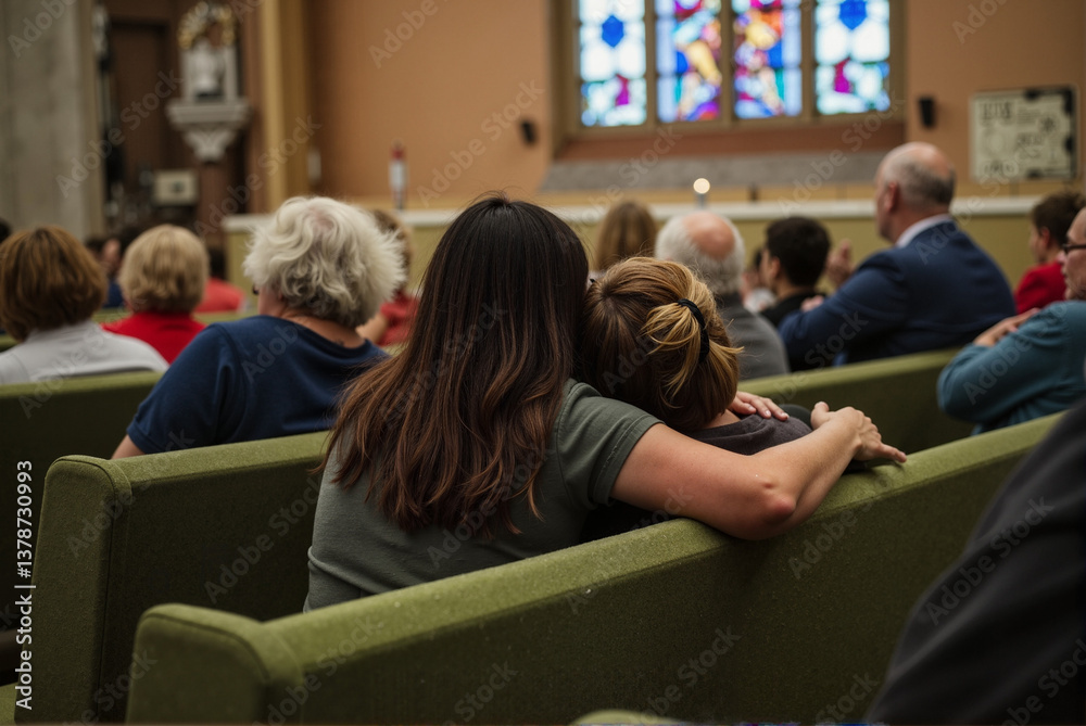 Obraz premium People Sitting in Church Pews with Comforting Embrace