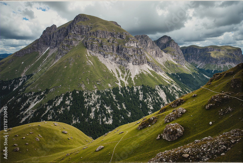 Majestic Mountain Range with Green Valleys and Dramatic Clouds