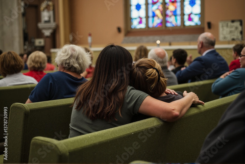 People Sitting in Church Pews with Comforting Embrace