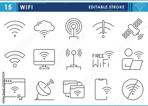 A set of line icons related to WiFi. Wireless, network, satellite, broadcast, internet, free, and so on. Vector editable stroke.