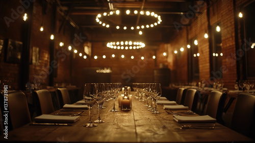 Obraz na płótnie Cozy restaurant interior with vintage decor, leather chairs, wooden tables and wine shelves, atmospheric warm lighting