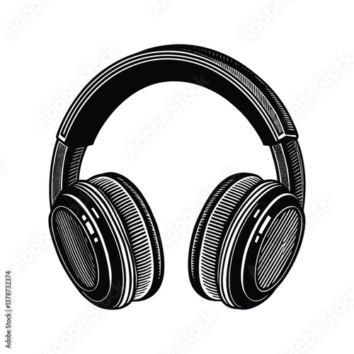 Wireless music headphones with intricate details silhouette isolated on white background
